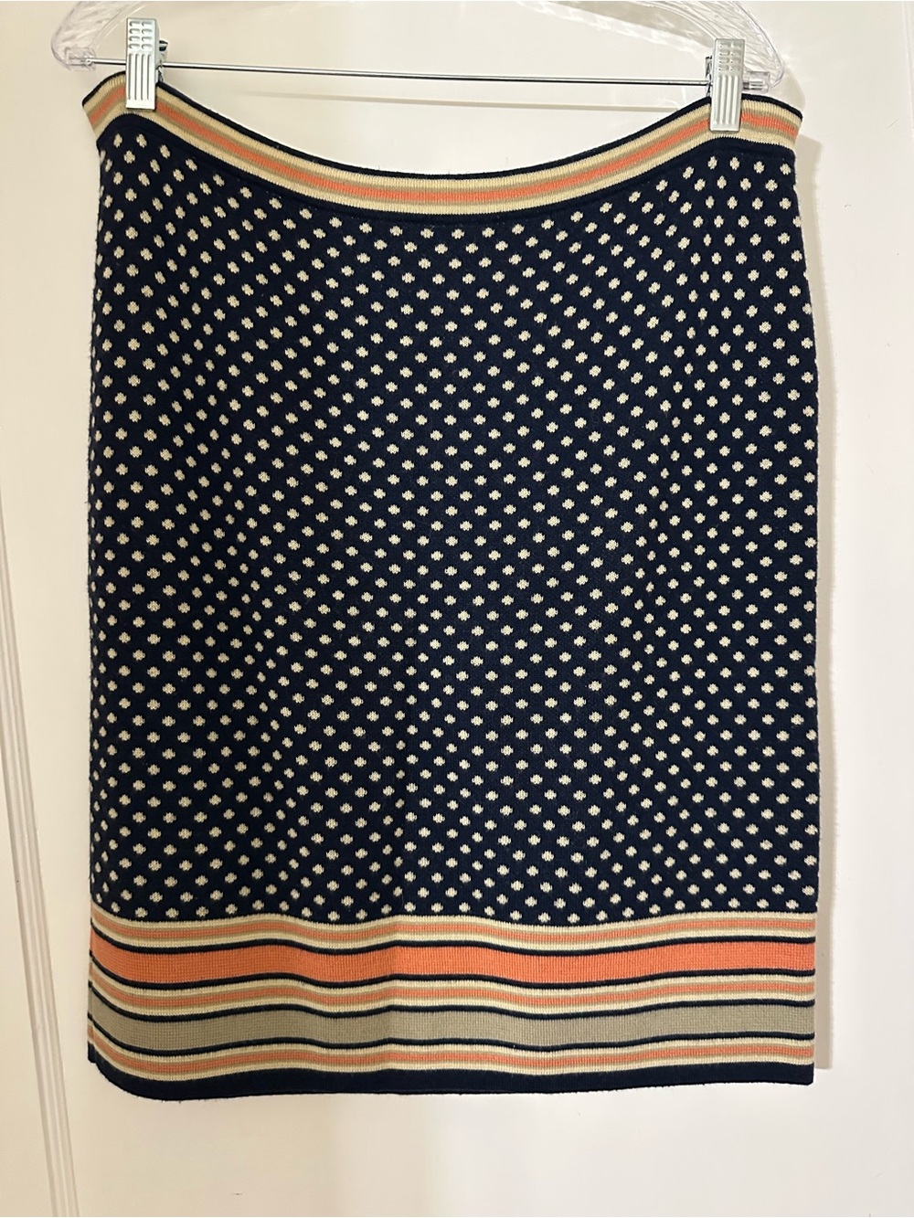 Anthropologie Sparrow Navy Merino Knit Pencil Skirt Polka Dot L